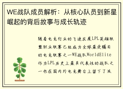 WE战队成员解析：从核心队员到新星崛起的背后故事与成长轨迹